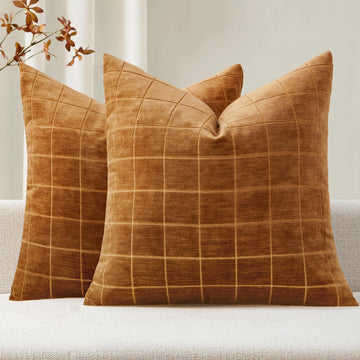 Bronze Plaid Decorative Fall Throw Pillow Covers 18x18 Set of 2