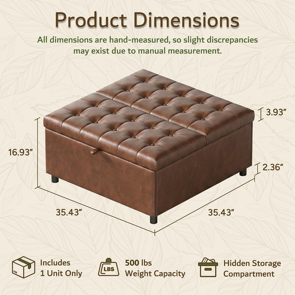 Brown Leather 36 Inch Extra Large Lift Top Living Room Storage Ottoman | Tufted Upholstered Shoe Storage Entry Bench