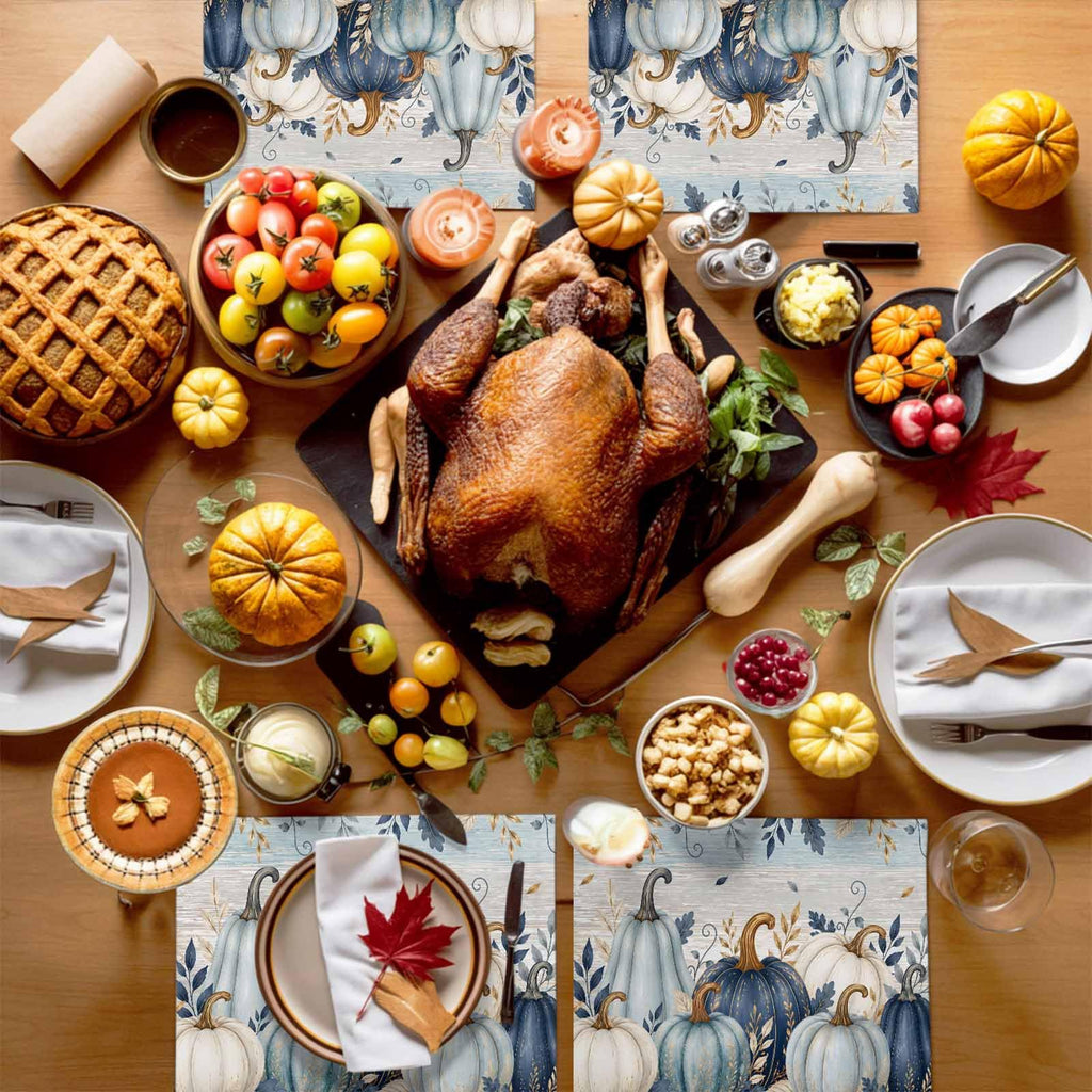 Fall Thanksgiving Placemats, Teal Blue White Pumpkin Heat Resistant Washable Dining Table Mats Fall Holiday Farmhouse