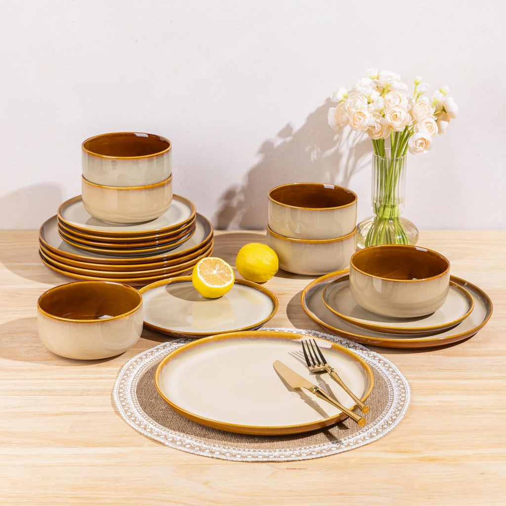 Ceramic Dinnerware Sets for 4,12-Piece Plates and Bowls,Handmade Reactive Glaze Dishes Set,Chip Resistant and Scratch