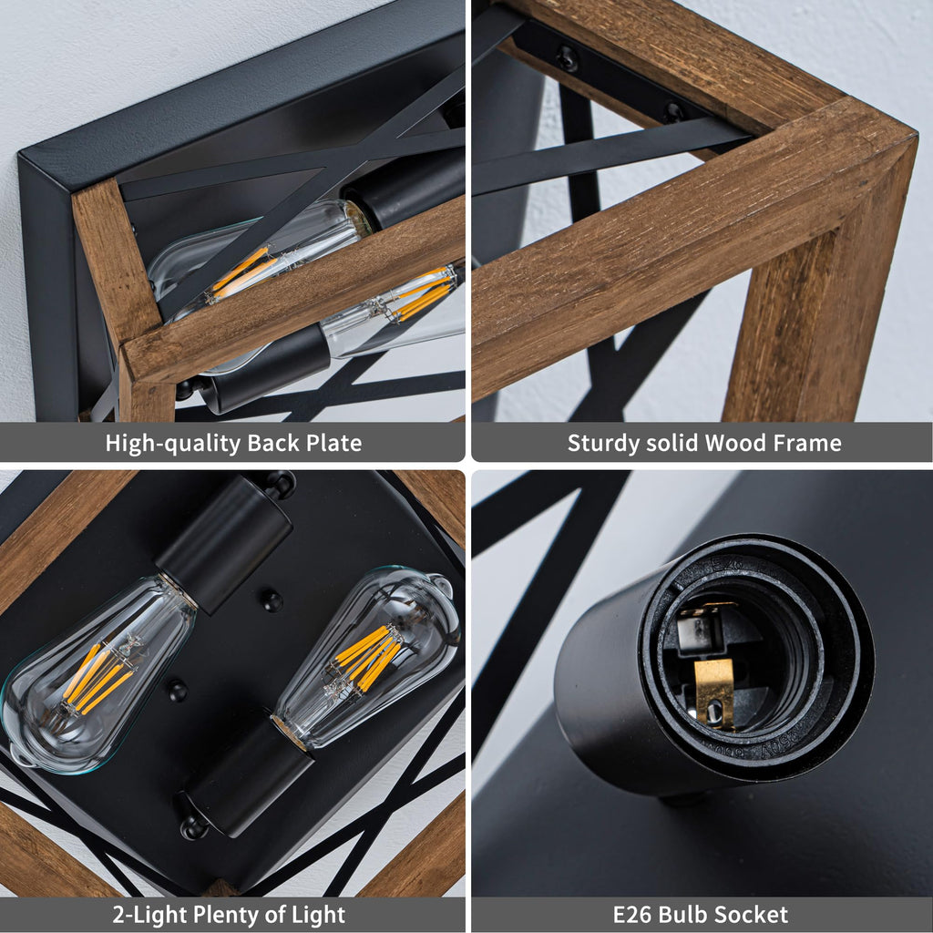 2-Light Farmhouse Light Fixture, Rustic Ceiling Light with Wood and Metal Design, Wood Ceiling Light, Cabinet