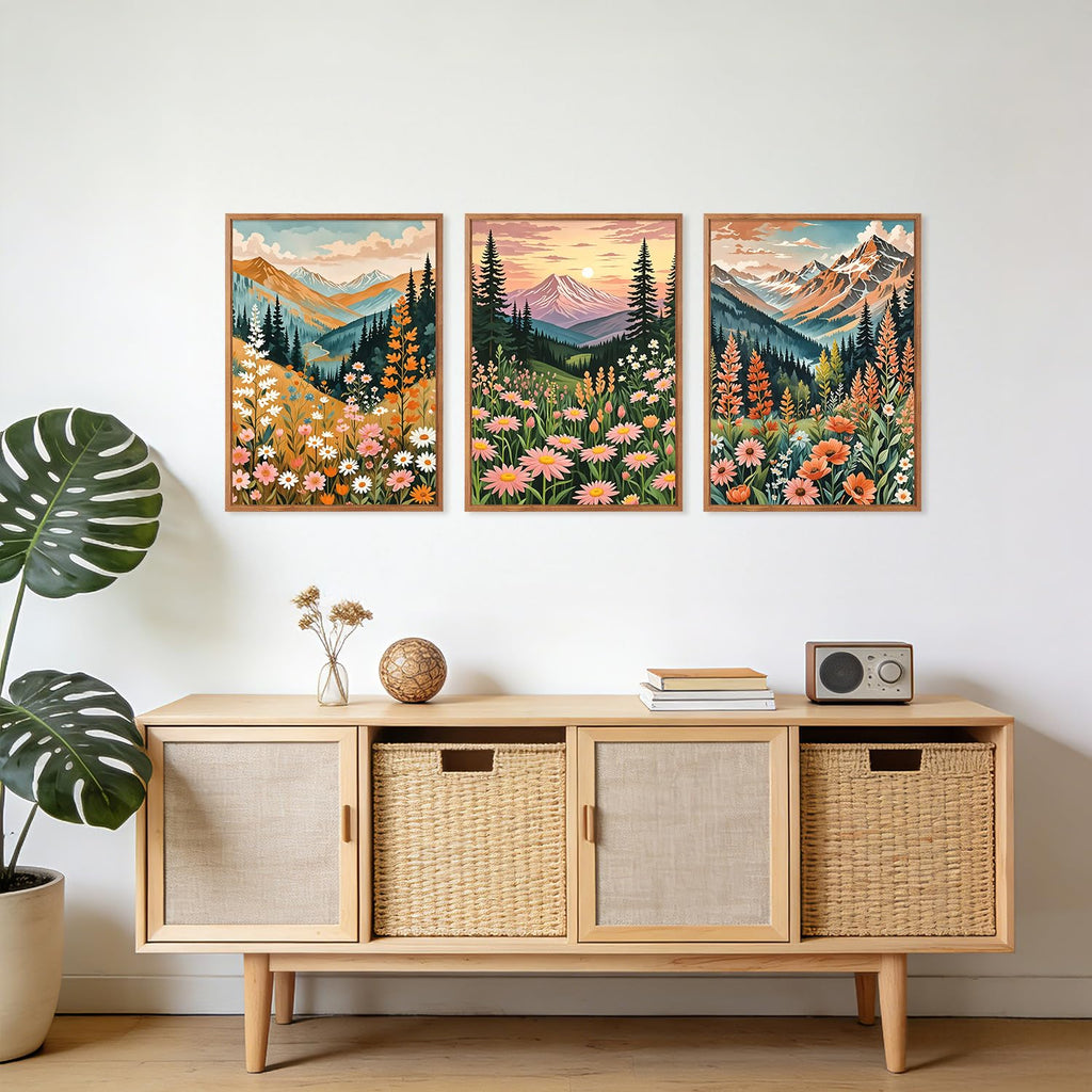 Mountain Sunset Floral Framed Canvas Wall Art Set, (Set of 3, 12X16 Inch) Colorful Wildflower Daisy Flower Wall