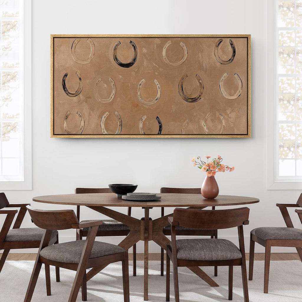 Extra Large Framed Canvas Print Wall Art Rustic Horseshoe Pattern Western Country Abstract Brown Horse Illustrations