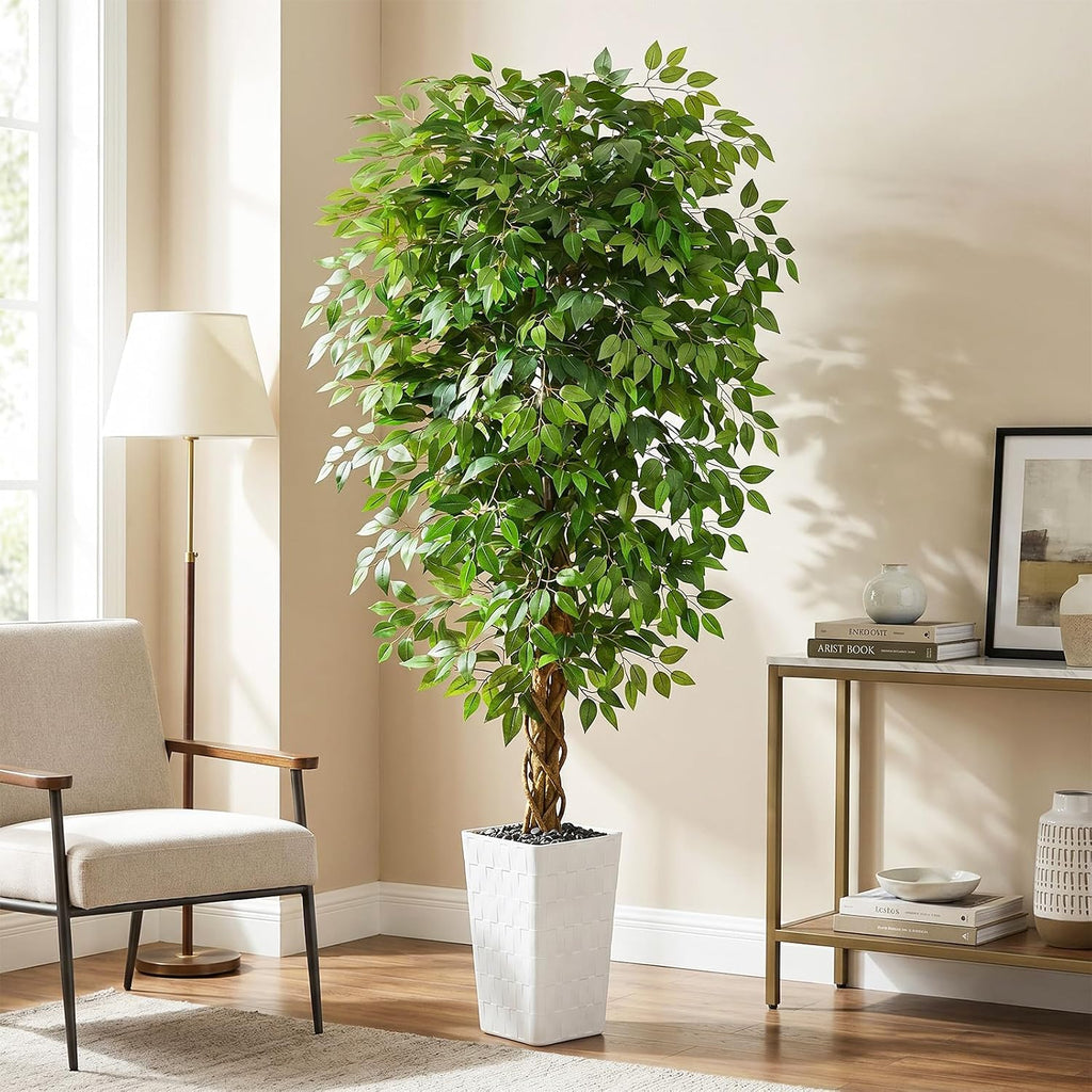 Artificial Ficus Tree 6FT Faux Floor Tree with Planter UV Resistant Potted Fake Silk Plant - Indoor Outdoor Lifelike