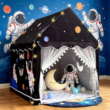 Large Kids Tent Playhouse Padded Mat with Star Lights and Flags, Spaceship Play Tent, Astronaut Rocket Ship Teepee