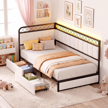 Twin Corner Bed Frame with 2 Storage Drawers, Daybed with LED Lights and Charging Station, Metal Platform Bed Frame