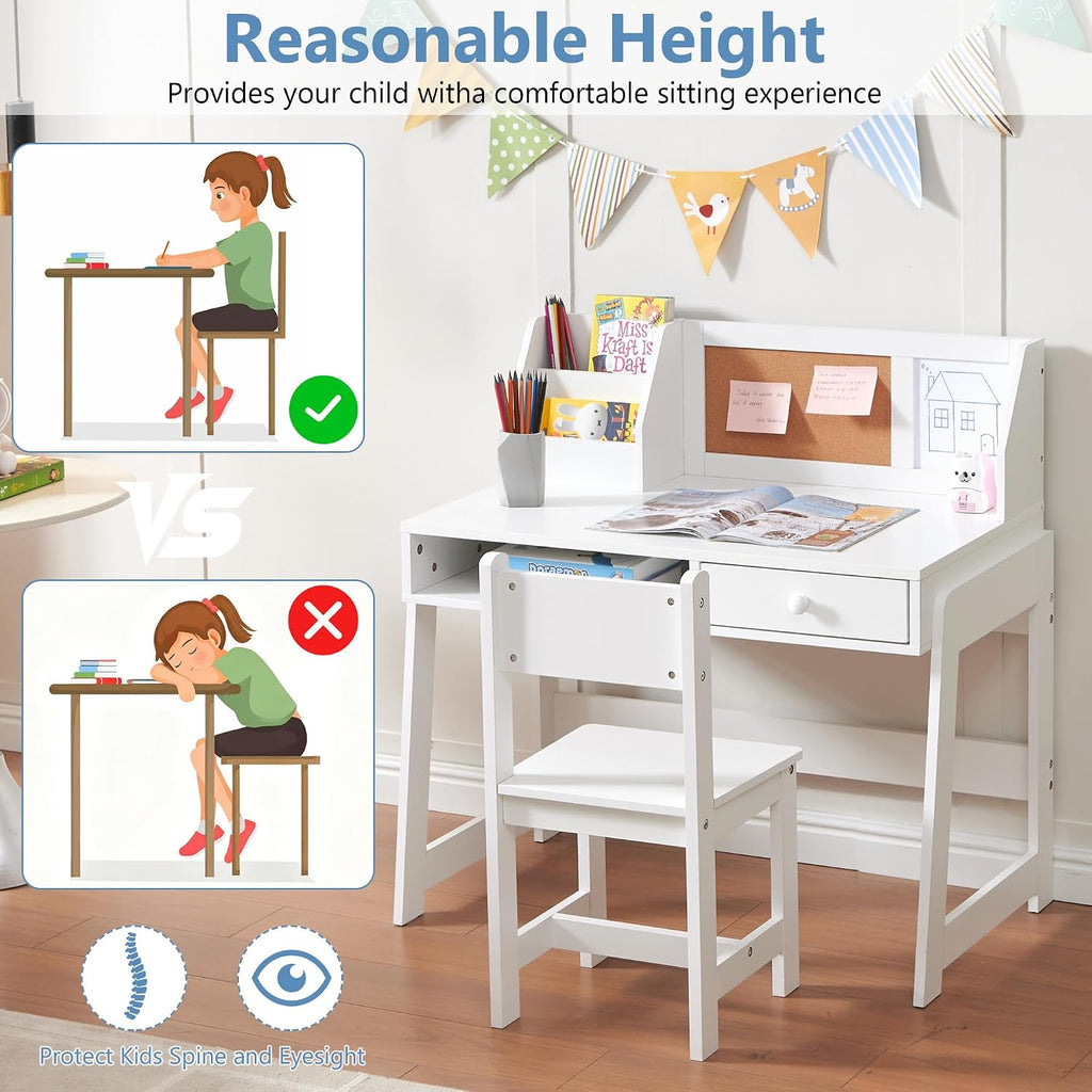 Kids Study Desk and Chair Set, Student Table and Chair Set with Storage Shelf, Wooden Kids Desk with Hutch, Children