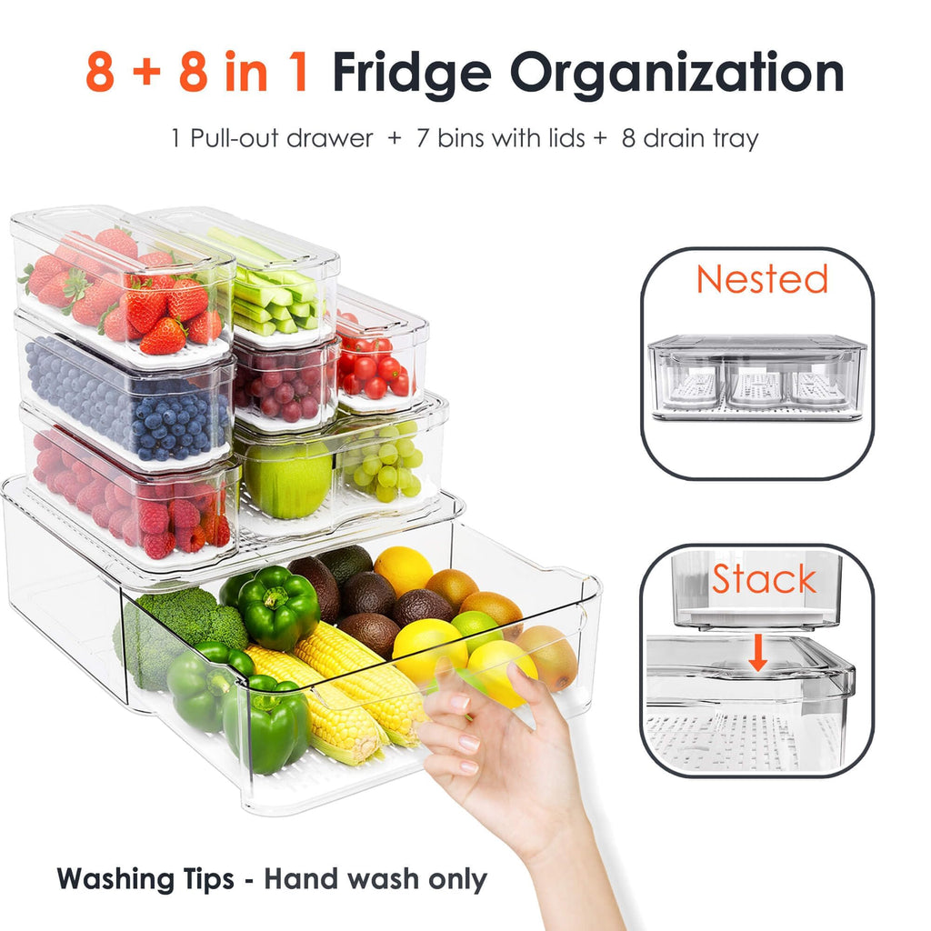 8 Pack Clear Fridge Organizer Bins with Drain Trays - Stackable