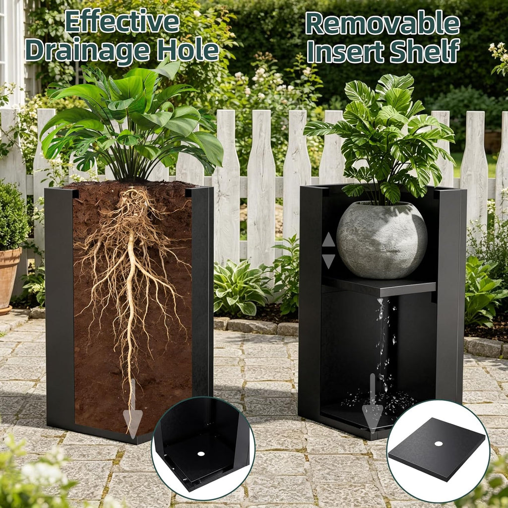 Metal Tall Planters Box Set of 4-24 Modern Tall Square Planter for Outdoor Plants with Removable Insert Shelf, Heavy