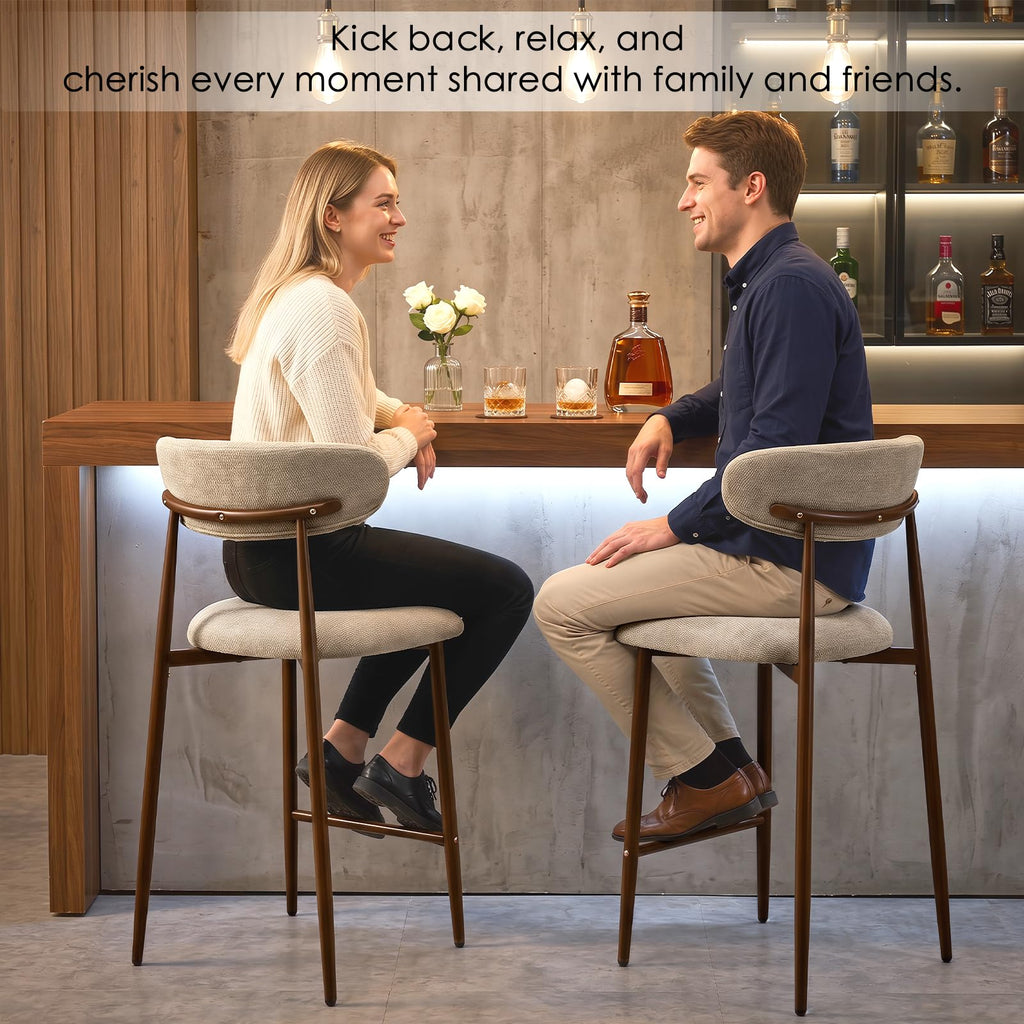 26'' Counter Height Bar Stools Set of 2, Mid Century Modern Chenille Barstools with Curved Back and Walnut Wood Grain