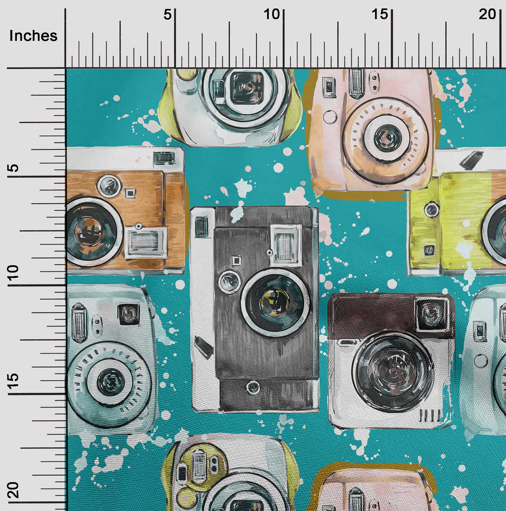 Cotton Cambric Teal Green Fabric Camera Pattern DIY Clothing Quilting Fabric Print Fabric By Yard 42 Inch Wide