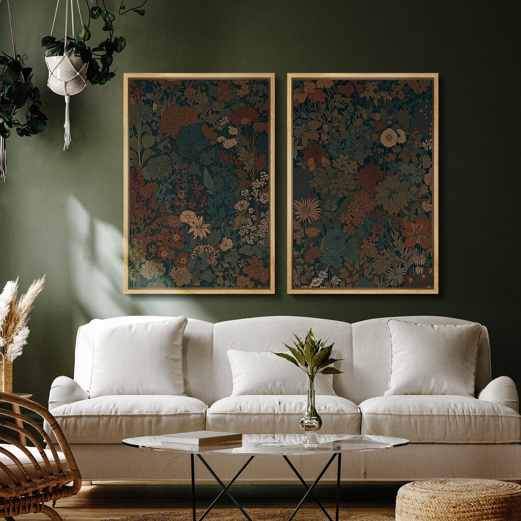 Framed Canvas Print Wall Art Set Vintage Botanical Floral Dark Green and Rust Toned Illustration Modern Art