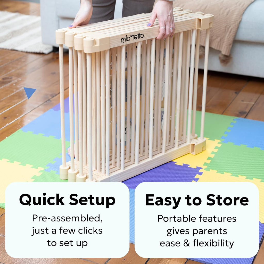 Baby Playpen, Wooden Playpen for Babies and Toddlers, Foldable Fence with Montessori Activity Panel, Storage Basket &