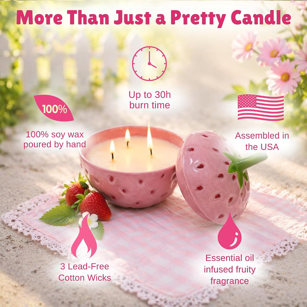 Strawberry Candle - 5x5.5 3 Wick Scented Candles, 100% Soy Wax, Long Burning Highly Scented Fruity Aromatherapy