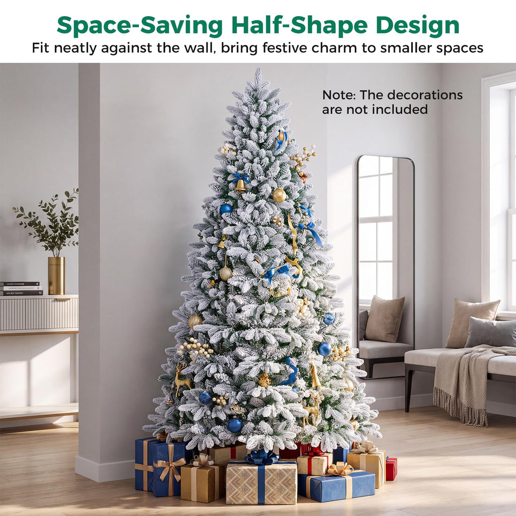 7 FT Snow-Flocked Pre-Lit Half Christmas Tree for Wall Corner