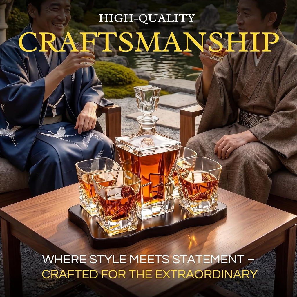 Ridge Japanese Crystal Whisky Decanter Set with 4 Tumbler Glasses, Lead-Free Liquor Carafe & 10oz Rocks Glasses