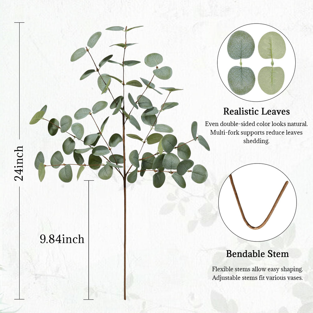 6Pcs Artificial Eucalyptus Leaves Stems Bulk 24" Faux Flower Stems Tall Eucalyptus Branches Silk Plants Greenery