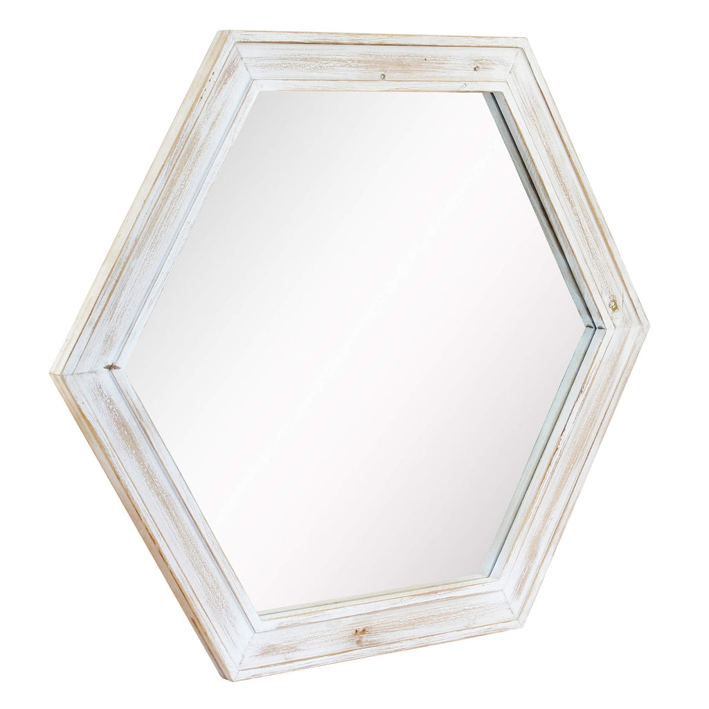 Decorative 24" Hexagon Wall Mirror with Worn White Wood Frame and Attached Hanging Bracket, Decorative Country Rustic
