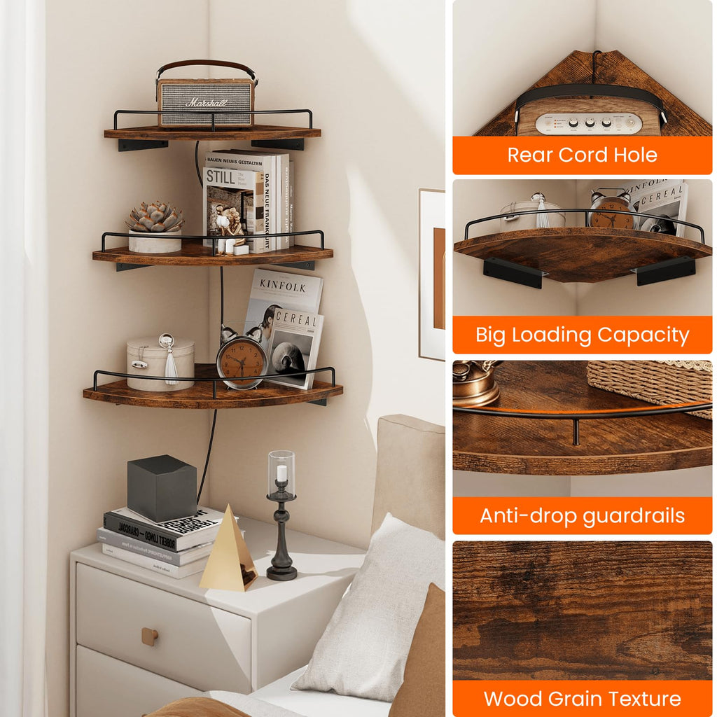 Corner Shelf Wall Mounted Set of 3, Corner Floating Shelves 9/10/12 Inch Deep, Wood Round Corner Hanging Display