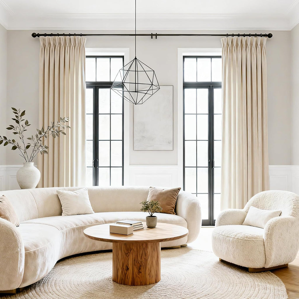 Triple Pinch Pleat Cream Velvet Curtains 96 inches Long Living Room Darkening Curtain Neutral Modern Farmhouse French