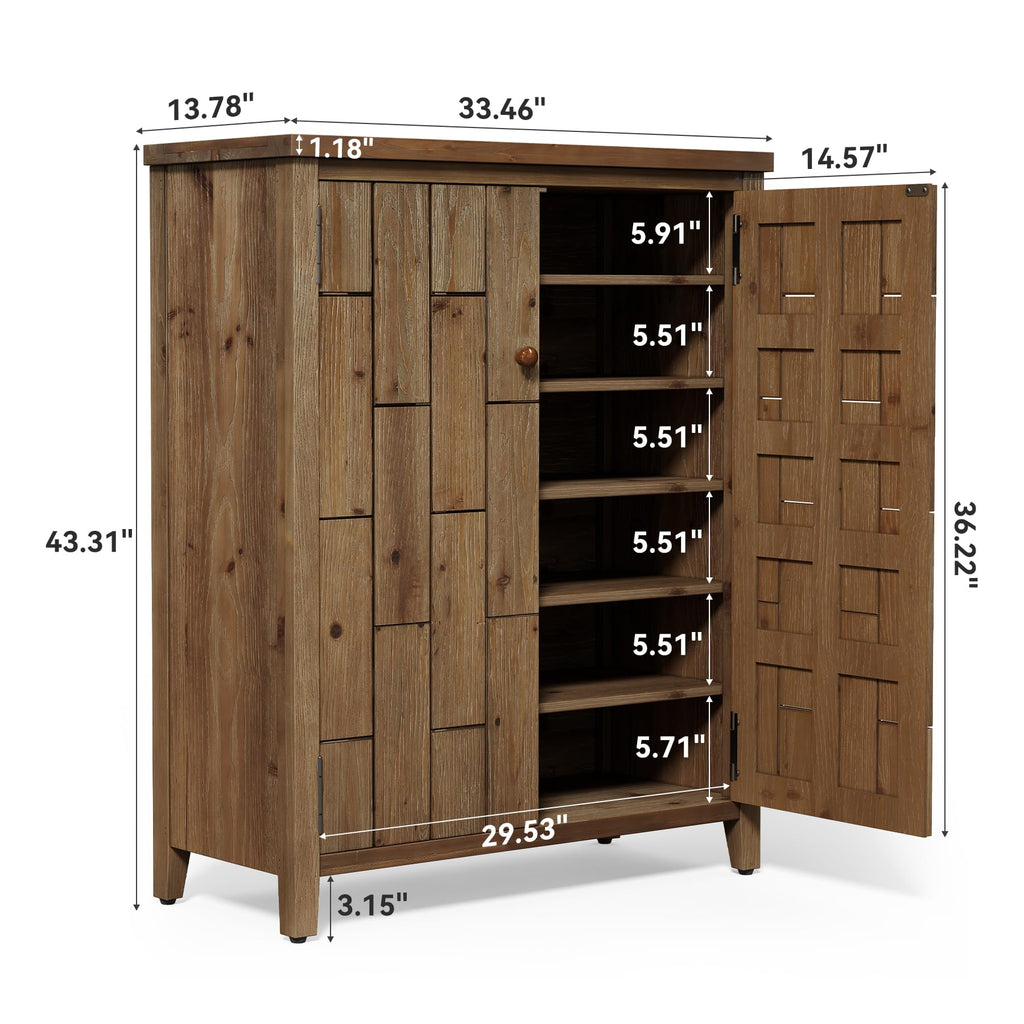 Solid Wood Shoe Cabinet with Doors, 6-Tier Tall Shoe Cabinet, Farmhouse Freestanding Shoe Storage with Adjustable