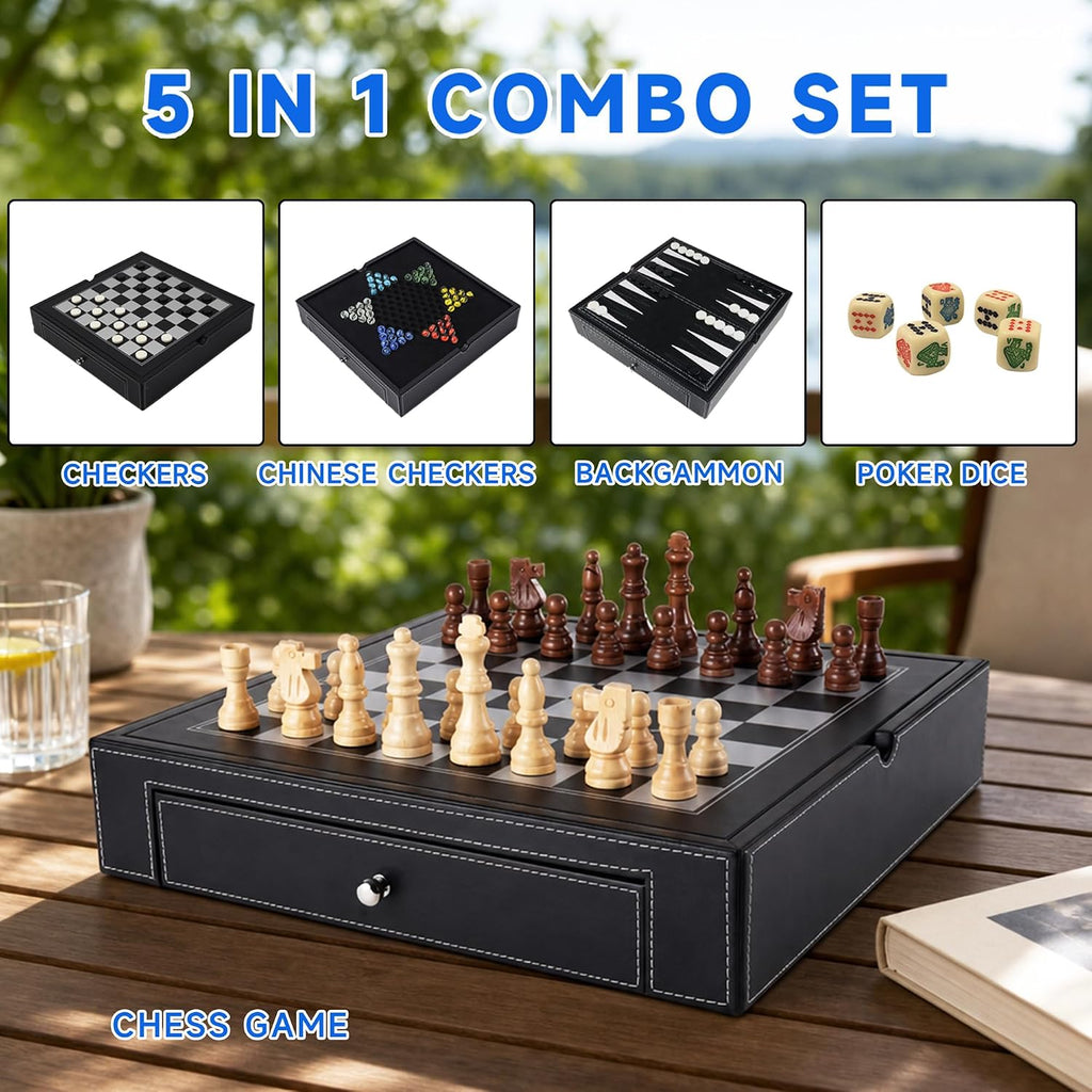GSE 12.5" 5-in-1 Chess Checkers Backgammon Poker Dice Chinese Checkers Game - Set of 32