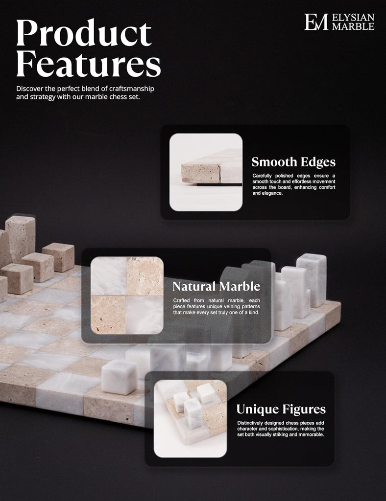 Modern Chess Set - Handcrafted Borderless Marble Chess Board with Minimalist Geometric Pieces, Luxury Decorative