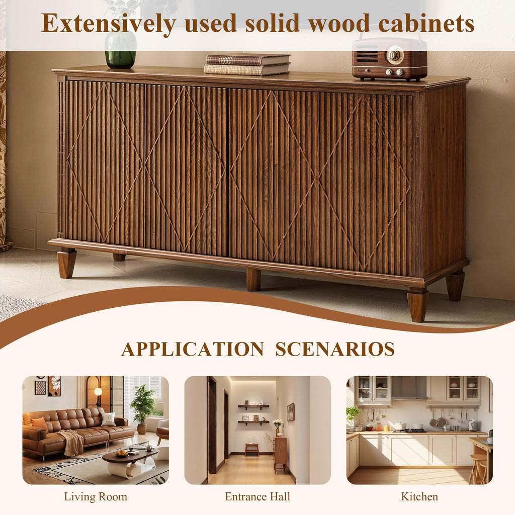 58" Walnut Veneer Sideboard Cabinet, Buffet Cabinet with Storage
