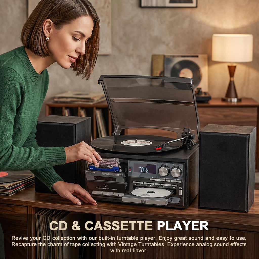 Record Player 10-in-1 Classic Black Music Console with External Stereo Speakers, Bluetooth Receiver/Transmitter