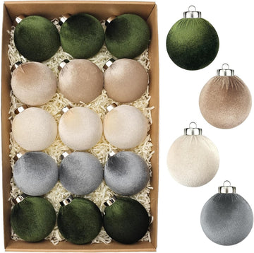 3.15 Inch Velvet Ball Ornaments , Large Neutral Flocked Christmas Bulb Ornaments Set - Earth Tone Decorative - Set of 15