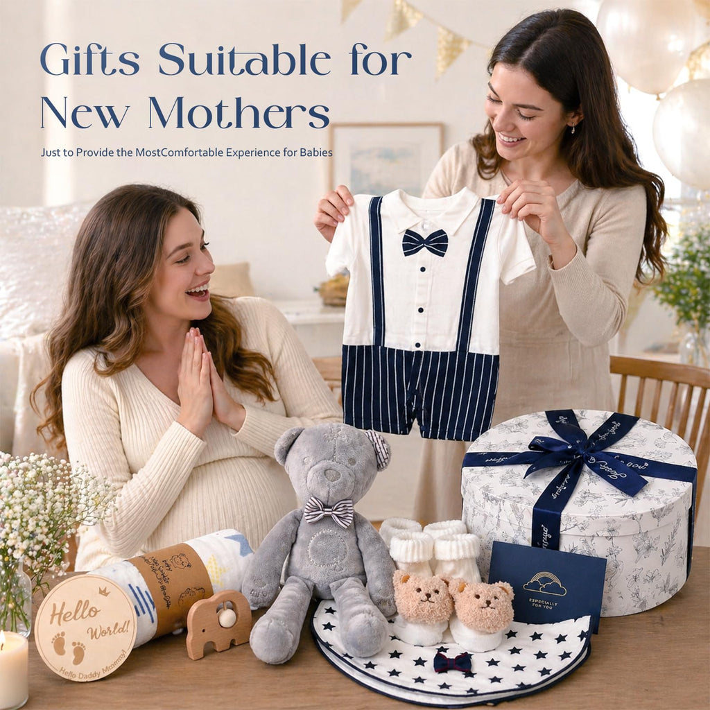 Baby Shower Gifts for Boys, 9PCS Baby Boy Gifts Baskets with Plush Bear/Blanket/Onesie/Wooden Rattle, Newborn