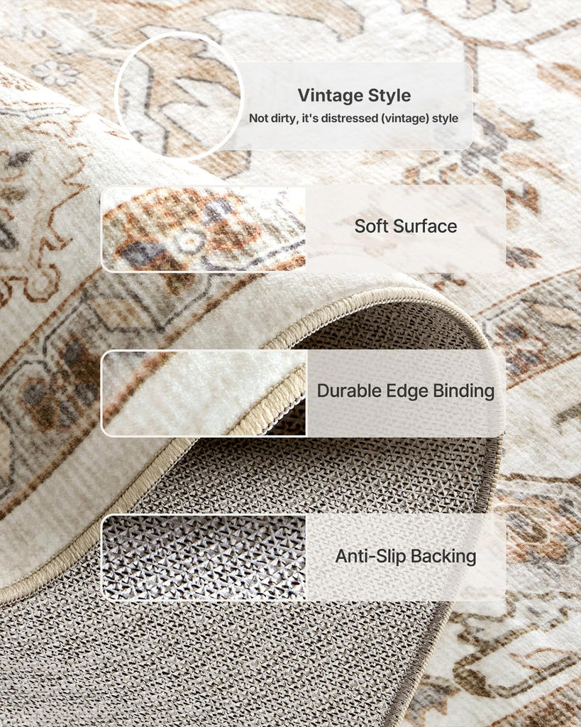 Washable Runner Rug, Beige, Vintage Style