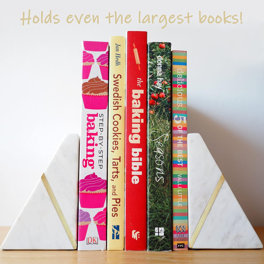 Marble Bookends Handcrafted Heavy Marble Triangular Bookshelf Decor Brass Inlay Set of 2 Decorative Bookends Book