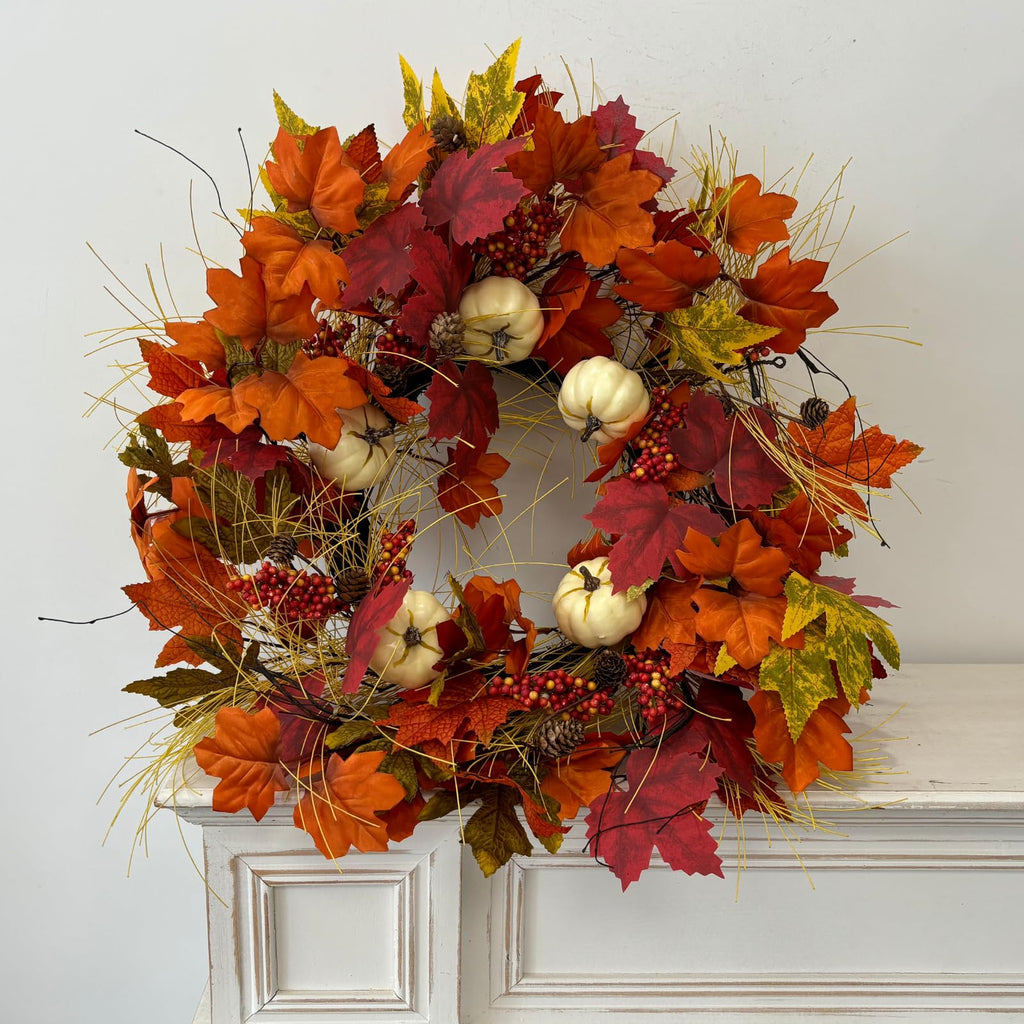 24 inch Fall Wreaths for Front Door with Pumbkin and Maple