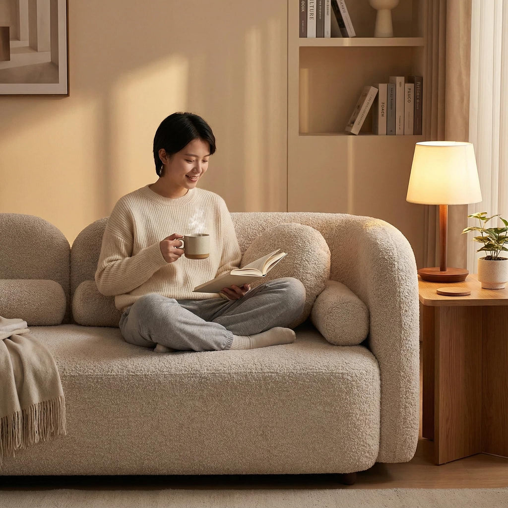 Curved Sofa Couch, 88.58", Solid Wood Frame, Pillows, Boucle, Modern, White