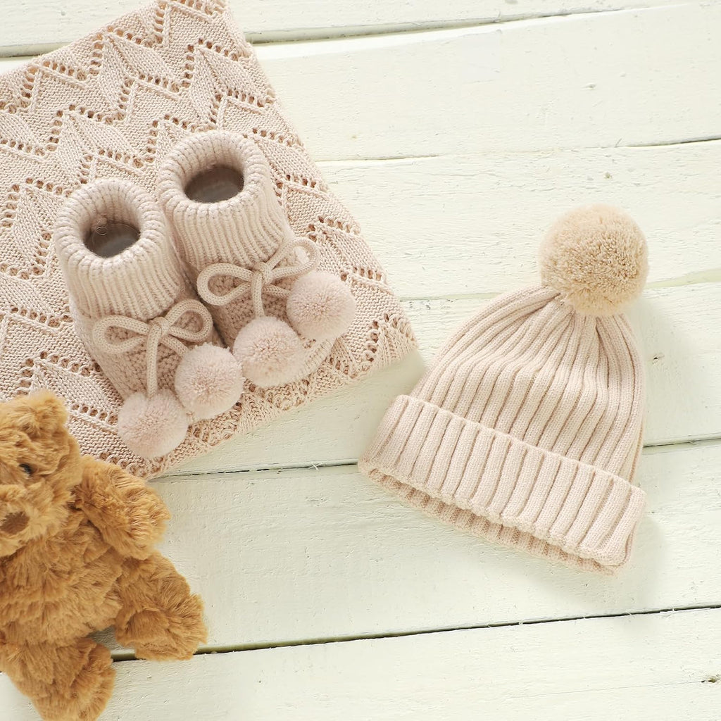 Baby Hats and Booties Set Knit Pompom Beanie Caps Shoes Winter