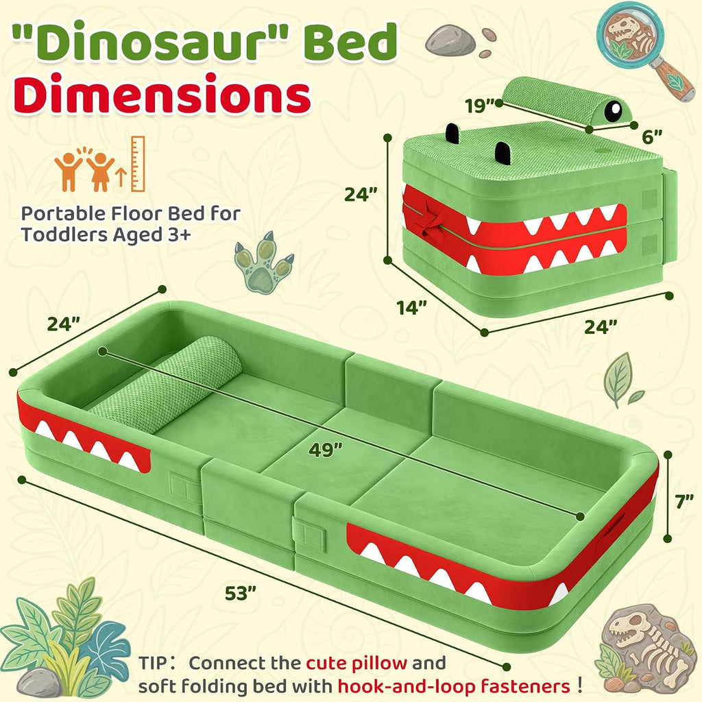 Toddler Travel Bed, Foldable Foam Floor Bed/Safety Rails, Dinosaur