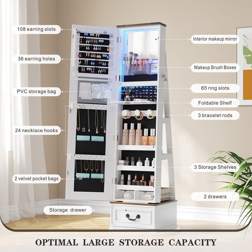 Jewelry Cabinet with Full Length Mirror, Lockable, Swivel, White