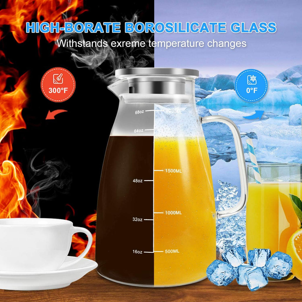 68oz Glass Pitcher with Lid, 2 Liter Glass Water Pitcher with Handle and Lid, Ice Tea Pitcher, Heat Resistant