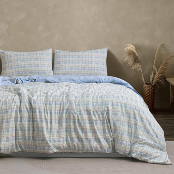 Vintage Reversible Plaid Duvet Cover Set, 100% Washed Microfiber Linen-Feel 3-Piece Bedding, Elegant Printed Check