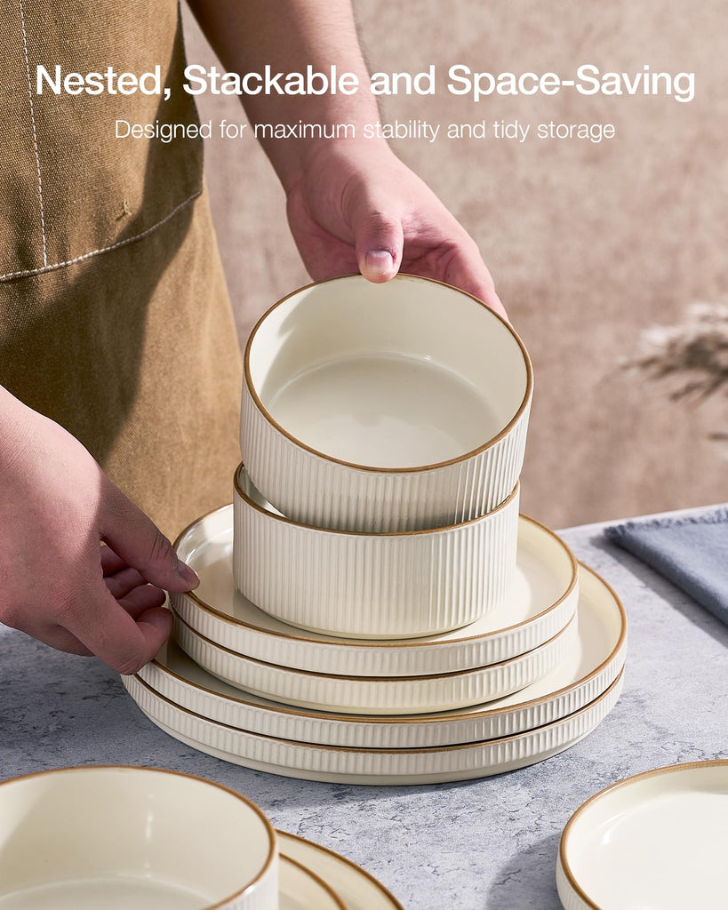 Plates and Bowls Set with Rim, Stoneware Dinnerware Sets for 4