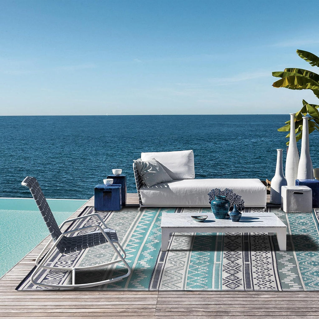 Outdoor Rug, Plastic Rug, Blue & Grey