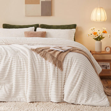 Fluffy Comforter Set 3 Pieces - Fleece Fluffy Soft & Warm Plush Cream White Comforter Sets, Luxury