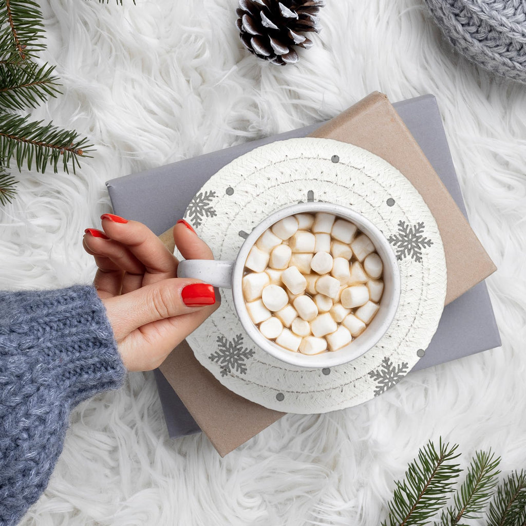 Winter Snowflake Handmade Braided Cotton Coasters Christmas Grey Snowflake Drink Coasters Absorbent Cup Coasters for
