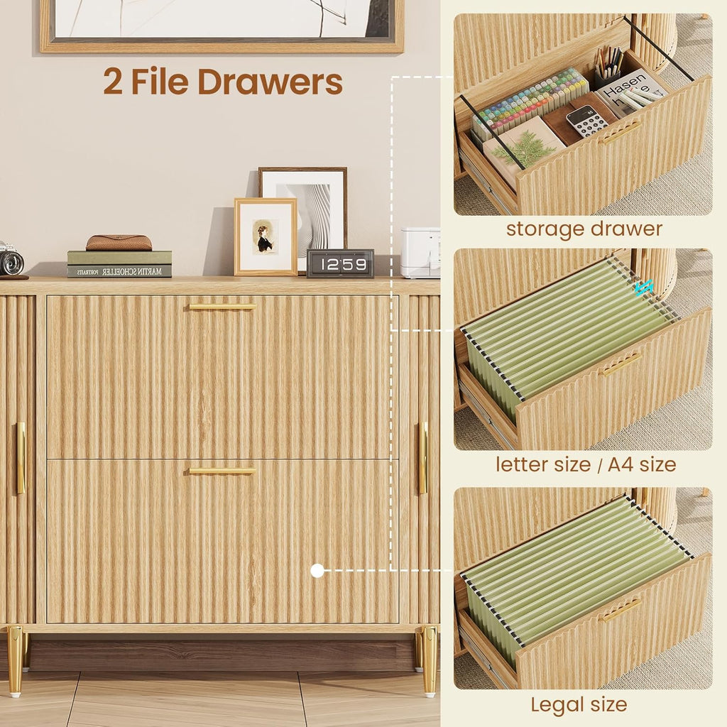 Fluted 2 Drawer File Cabinet with 2 Sliding Door | 39.4" Filing Cabinet ,fit Legal/Letter/A4 Siz,Modern File Cabinet