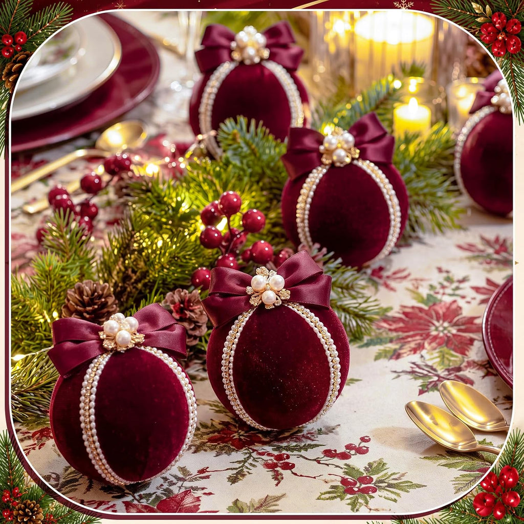 Velvet Christmas Balls Ornaments 2.4" with Pearl Bow, Burgundy Red - Set of 9