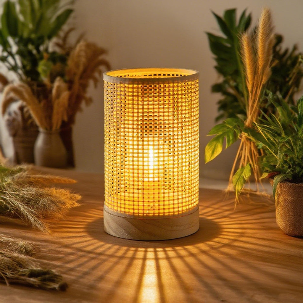 Rattan Lamp, Battery Operated Table Lamp with Timer Boho