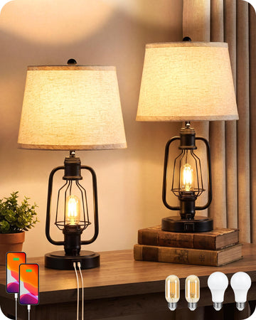 Farmhouse Table Lamps Set of 2, Industrial Bedside Table Lamps with USB Ports, Rustic Vintage Nightstand Desk Lamps