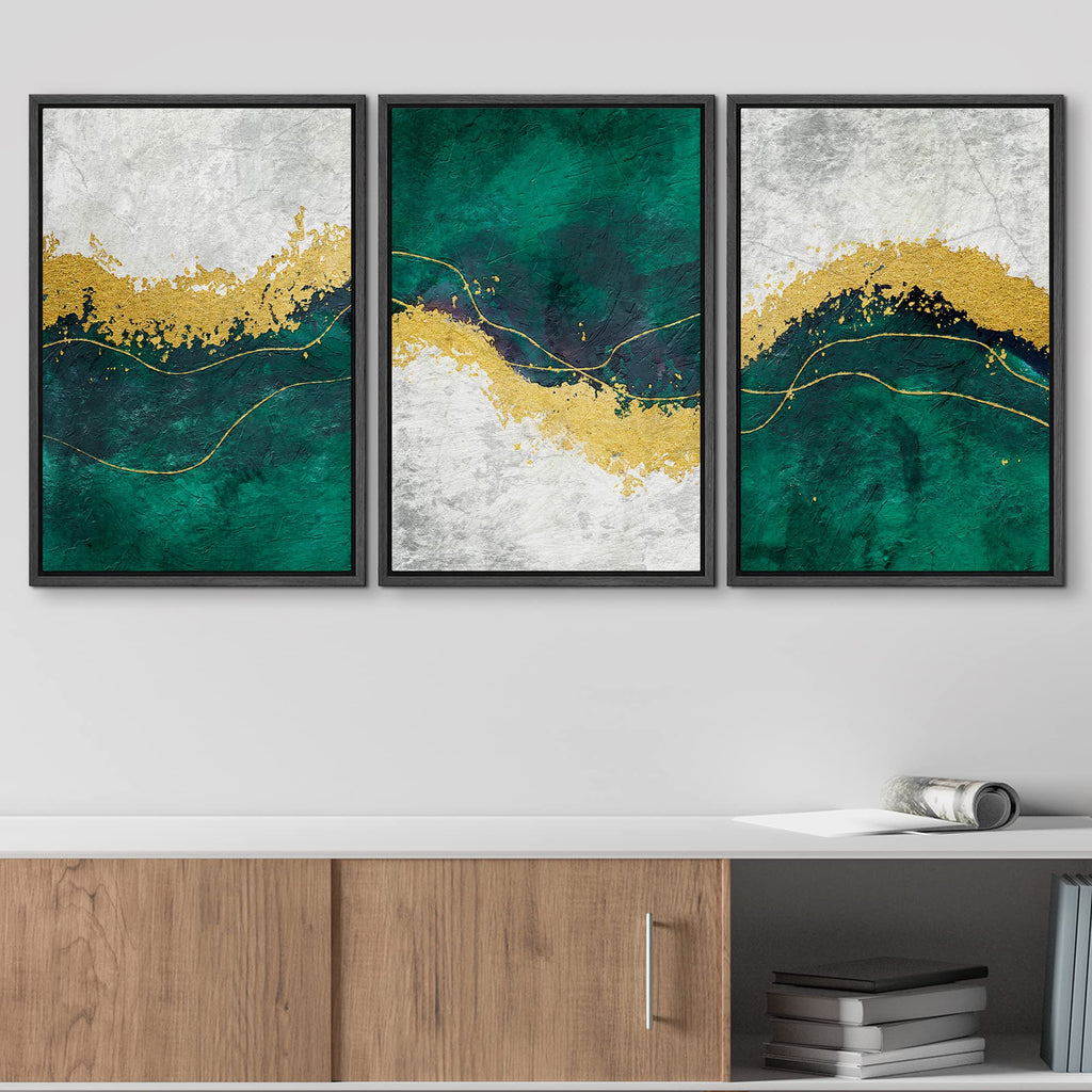 Framed Canvas Print Wall Art Set Geometric Gold Green Paint Strokes Abstract Shapes Illustrations Modern Art