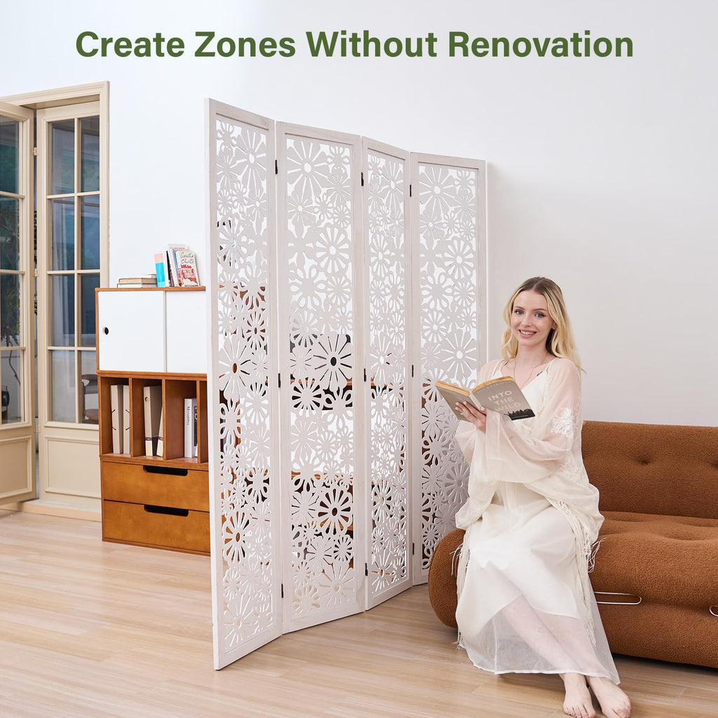 Folding Wood Room Divider Panel, 67 Inch Tall Daisy-Carved Privacy Screen - No-Assembly Required, Decorative Flower